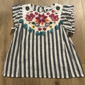 THML Floral Embroidered Babydoll Top Size M Striped Gauzey Flutter Sleeve Boho